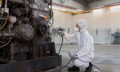 jimeng-2026-01-08-1229-清洁工人穿着白色一次性防护服在工业厂房中进行清洁作业，背景是大型机械设备(1)