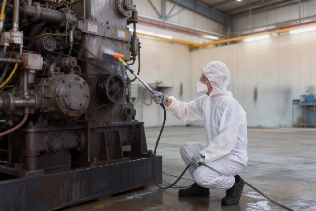 jimeng 2026 01 08 1229 清洁工人穿着白色一次性防护服在工业厂房中进行清洁作业，背景是大型机械设备1