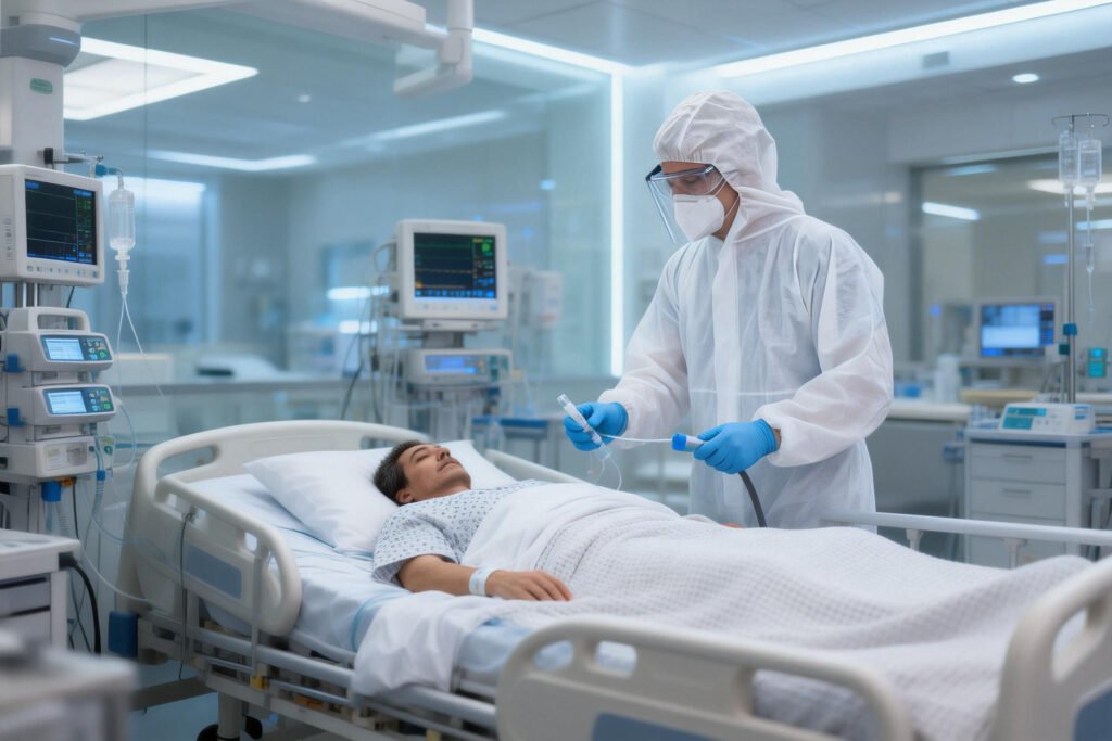 jimeng 2026 01 08 6941 医护人员穿着白色一次性防护服在医院病房中照顾病人，背景是现代化的医疗环境1