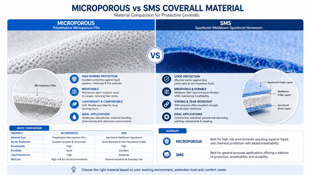 microporous vs SMS coverall material comparison for spray painting