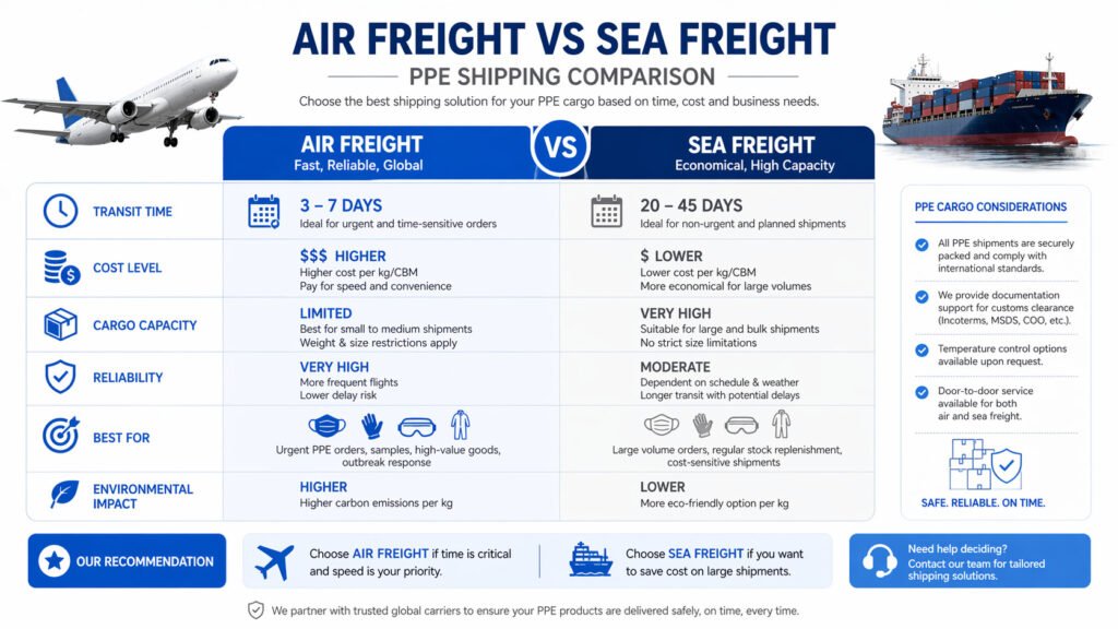 air freight vs sea freight shipping time for disposable protective coveralls
