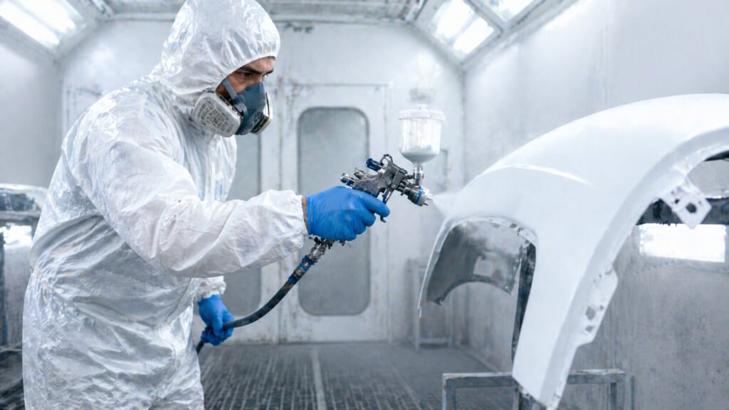worker wearing disposable protective coverall for spray painting