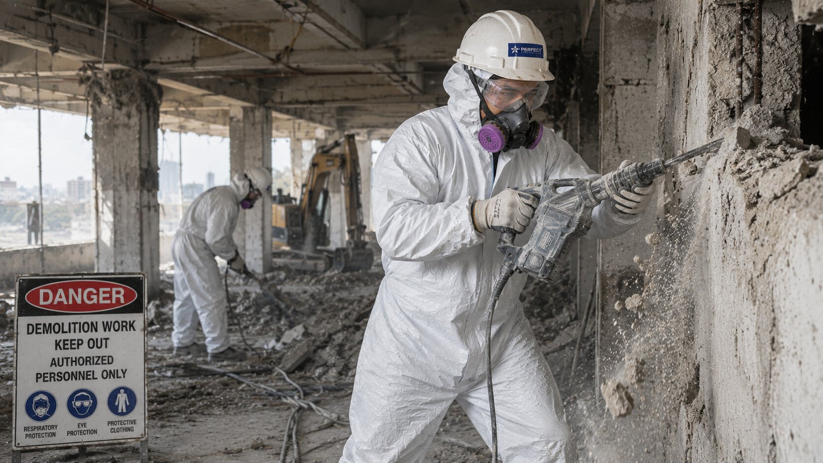 commercial building demolition project, workers removing drywall and insulation materials while wearing disposable protective coveralls, respirators and gloves, heavy dust environment, realistic construction photography, 16:9