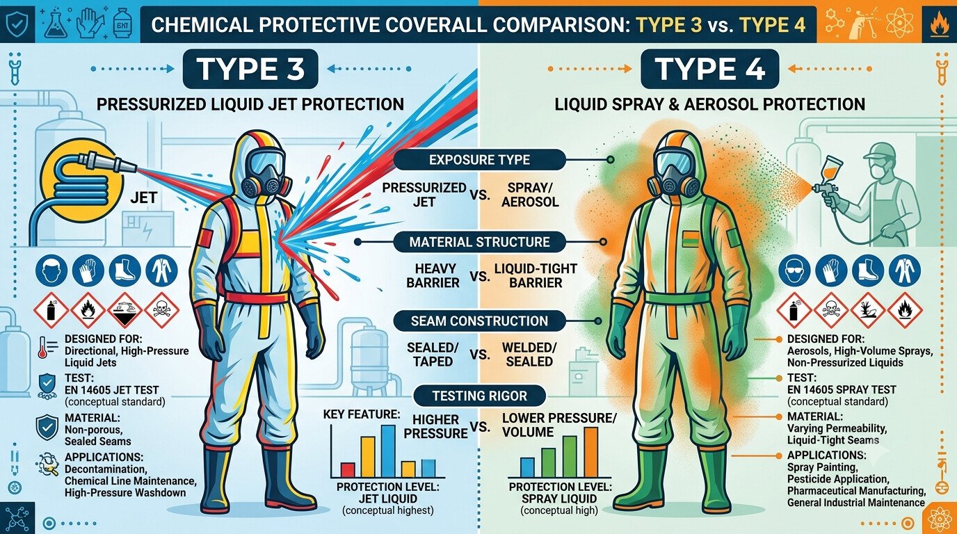 Best Disposable Coveralls for Chemical Handling: Selection Guide 2 Type 3 vs Type 4 chemical protective coverall